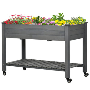Raised wooden planter with lockable casters and storage shelf, dark grey