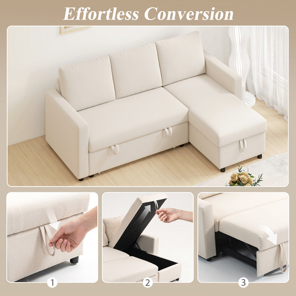 Convertible sectional sofa bed with reversible chaise and storage, cream