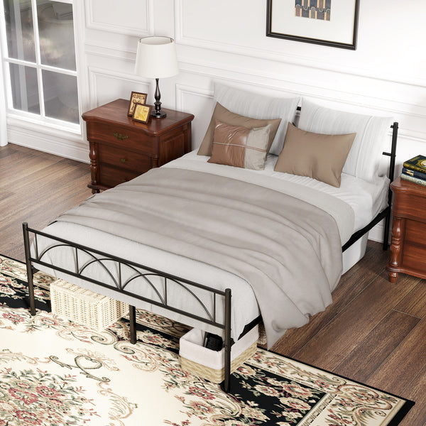Metal platform bed frame with headboard, steel slatted base, Double