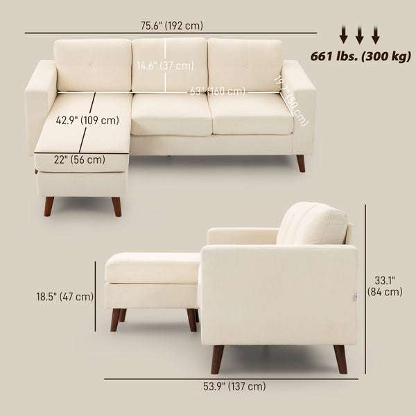 Sectional sofa with convertible chaise longue, cream white
