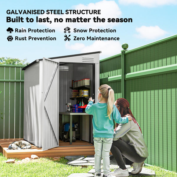 Lean-to metal garden shed with lockable door and ventilation, white