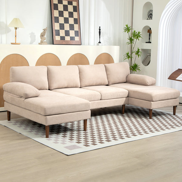 4-seater U-shaped sofa with double chaise longue and wooden legs, beige