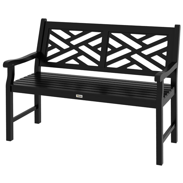 Wooden outdoor bench with slatted frame and armrests, 2 seats, black