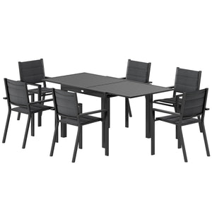 Patio Dining Set for 6, Aluminum Expandable Outdoor Table and 6 Stackable Chairs with Padded Back, Mesh Seat, Black
