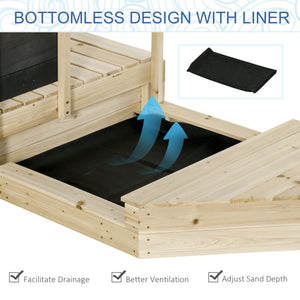 Wooden sandbox with lid, flag and bottom liner, natural wood