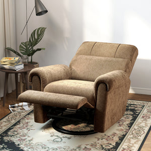 Electric reclining chair, upholstered in fabric, with USB ports, swivel and rocking function, and footrest.