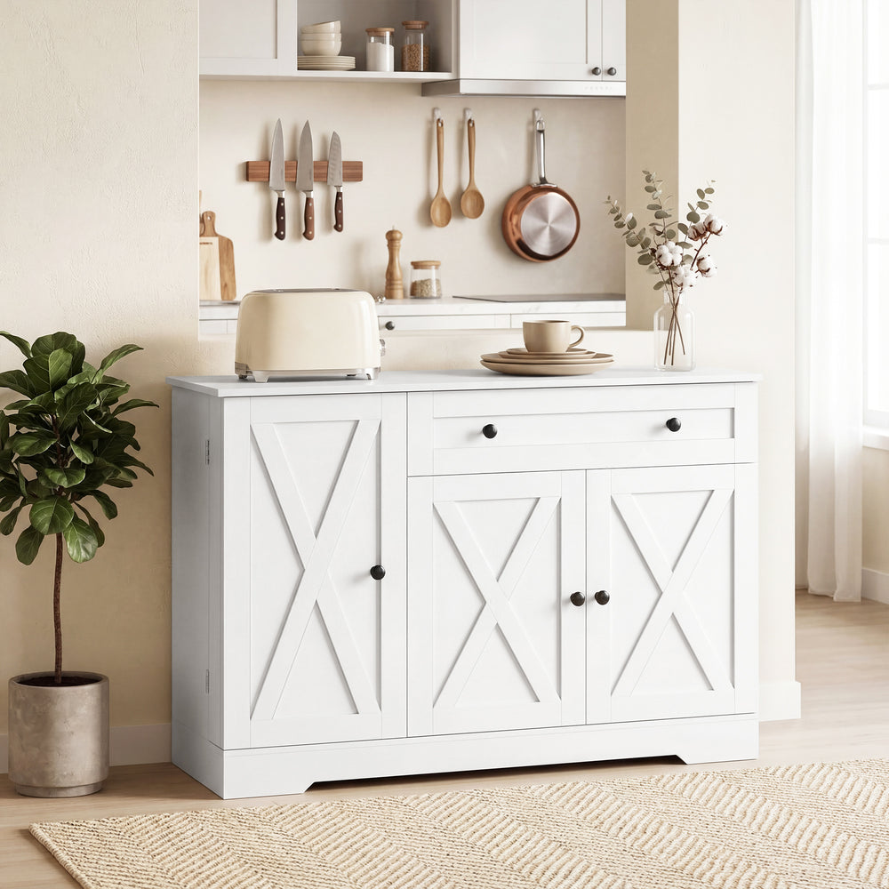 Farmhouse Coffee Bar Cabinet with Doors, Adjustable Shelves, Drawer, Barn Doors, White