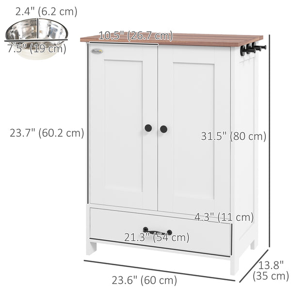 Dog food storage station with bowls, white