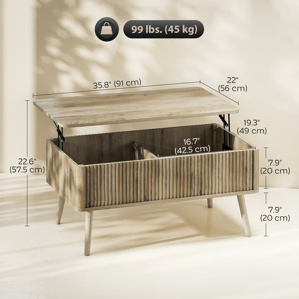 Lift-up coffee table with storage, oak