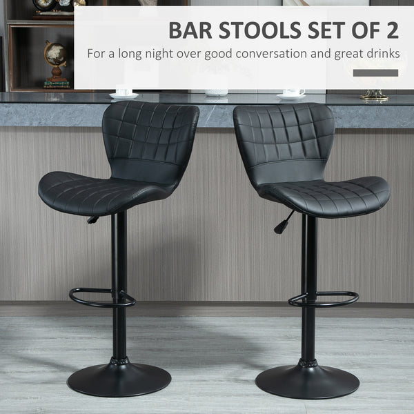 Set of 2 PU leather-covered bar stools with wide seats, black