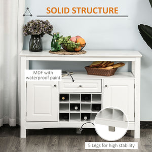 Modern kitchen sideboard with drawer and 12-bottle wine rack, white.