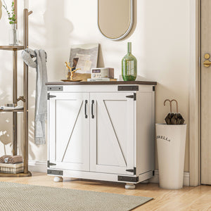 Storage Sideboard with Barn-Style Sliding Door and Adjustable Shelves, White and Brown