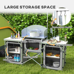 Portable folding aluminum camping kitchen with fabric cupboards, grey