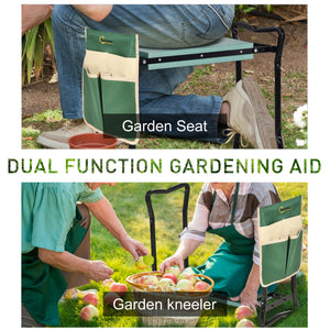 Folding garden bench and kneeler with foam seat, green