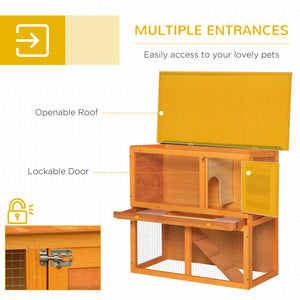 Wooden rabbit hutch with run, pull-out tray, and waterproof roof