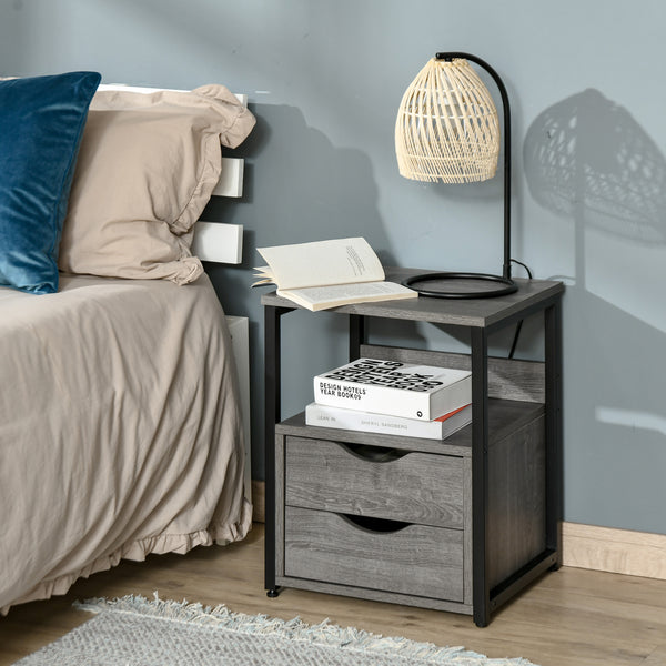 Bedside table with 2 drawers and storage shelf, gray