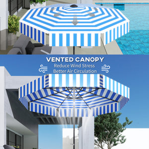 8.7-foot tilting parasol with crank and vent, blue and white 