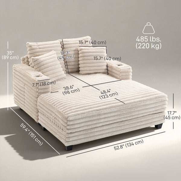 Large corduroy reading sofa with cup holders and cushions, sofa bed for living room, beige 
