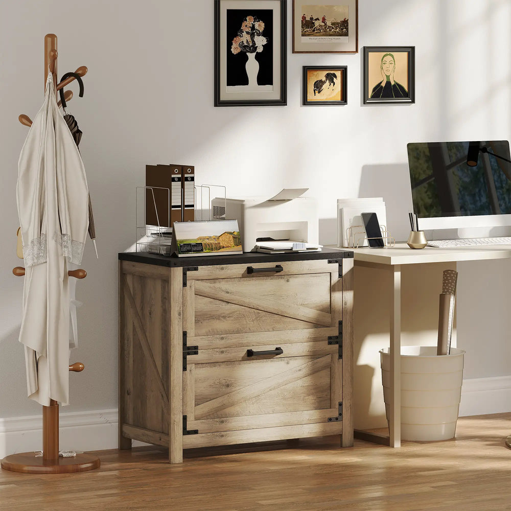 Country Style 2-Drawer Filing Cabinet with Adjustable Hanging Bars for Letter, A4, Legal Size, Grey