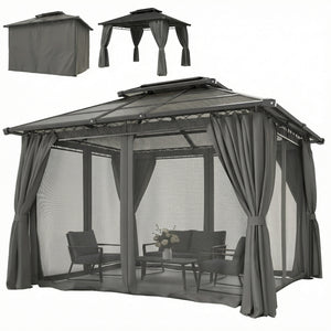 10' x 12' gazebo with double rigid roof, polycarbonate roof, steel frame, mosquito netting and curtains