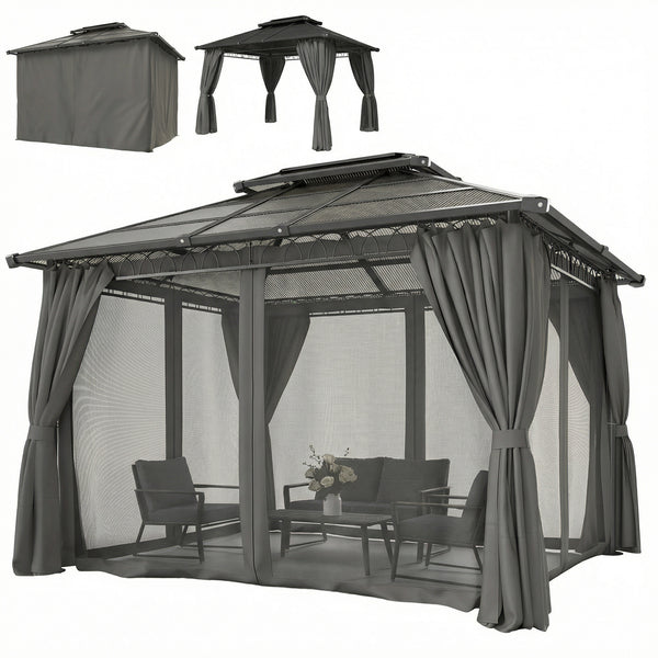 10' x 12' gazebo with double rigid roof, polycarbonate roof, steel frame, mosquito netting and curtains