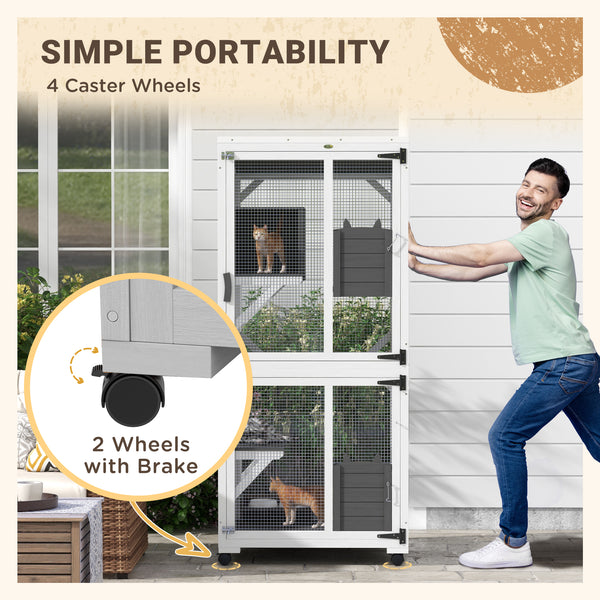 Elevated enclosure with wheels, water-resistant, white and grey