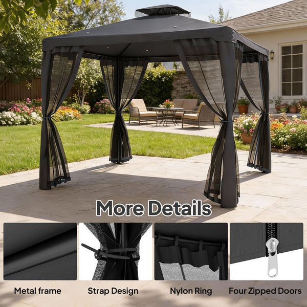 9.6' x 9.6' garden pavilion with steel frame and mosquito netting, dark grey
