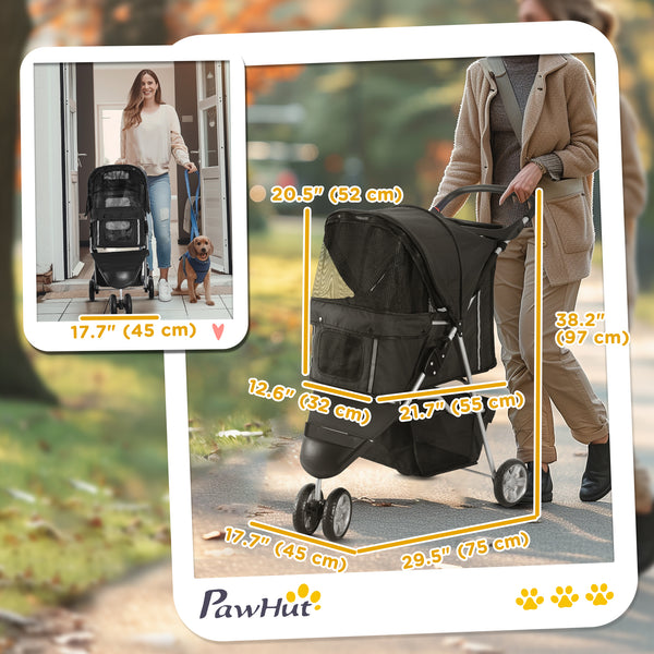 3-Wheel Foldable Stroller with Storage Basket for Miniature and Small Dogs, Black
