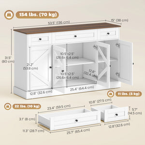 Buffet Sideboard, 54" Farmhouse Kitchen Storage Cabinet with Acrylic Barn Doors and 3 Drawers, White Wood Grain