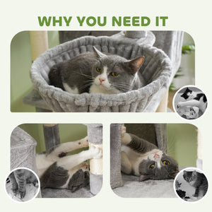 Large 205cm Cat Tree with Scratching Posts, Cabins, Beds, Hammocks, Light Grey