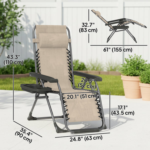 Set of 2 Folding and Reclining Outdoor Lounge Chairs, with Cup Holder and Headrest, Light Brown