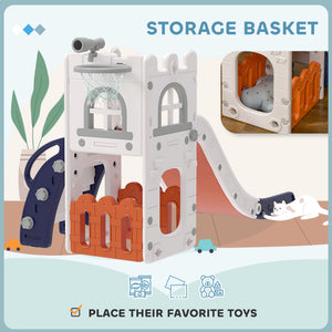 5-in-1 slide with basketball hoop, climbing structure, telescope and storage basket 