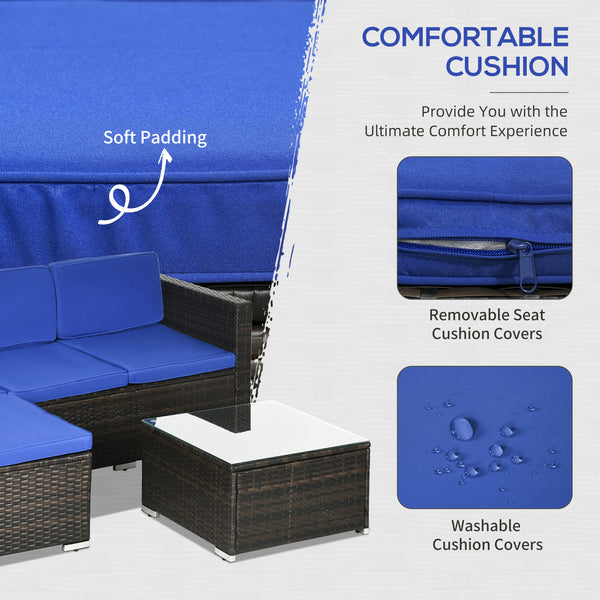 3 Pieces Patio Furniture Set with Cushions, Outdoor PE Rattan Wicker Conversation Corner Sofa Set with Glass Top Table and Adjustable Foot for Garden, Lawn, Blue