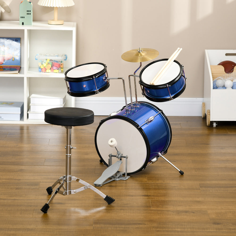 7-piece children's drum set with seat, cymbal, pedal and drumsticks, blue