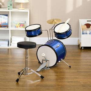 7-piece children's drum set with seat, cymbal, pedal and drumsticks, blue