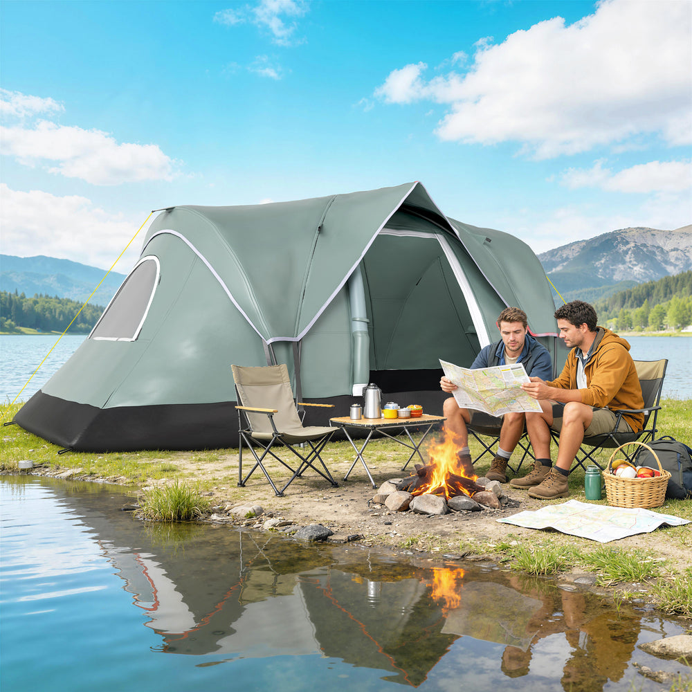 Family tent for 5 to 6 people, with headlamp hook and carry bag, green.