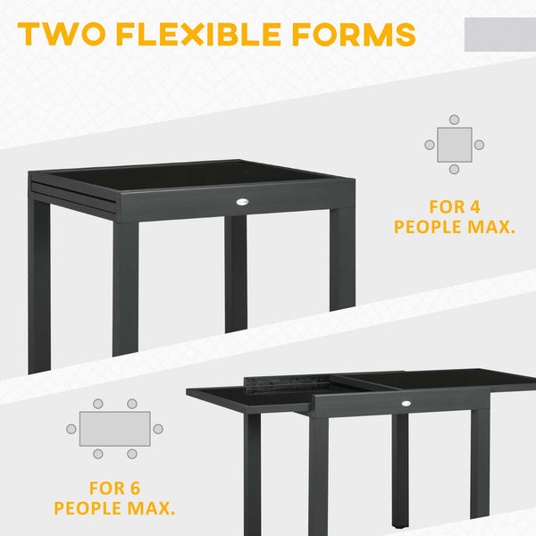 Extendable garden table with aluminum frame and tempered glass top, black