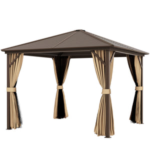 10' x 10' Aluminum Hardtop Gazebo with Mosquito Netting, Curtains and Hanging Hook, Brown