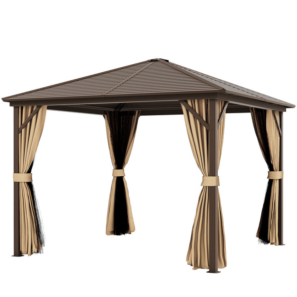 10' x 10' Aluminum Hardtop Gazebo with Mosquito Netting, Curtains and Hanging Hook, Brown