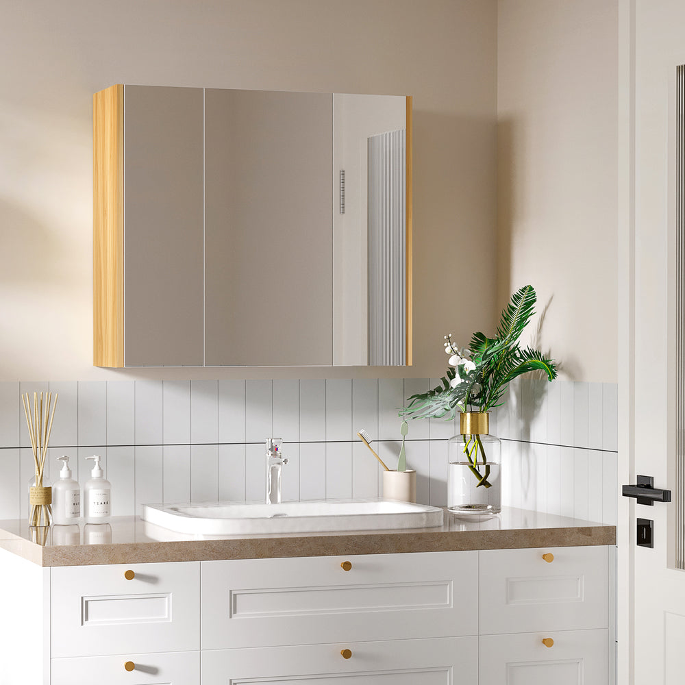 Wall-mounted medicine cabinet with mirror, 3 doors, and shelves