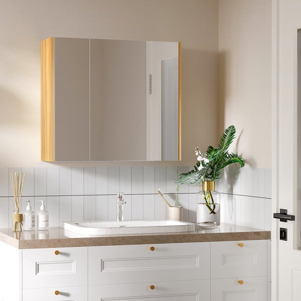 Wall-mounted medicine cabinet with mirror, 3 doors, and shelves