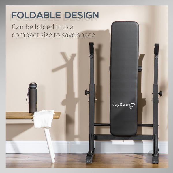 Adjustable, foldable weight bench with dumbbell rack and dip station, black.