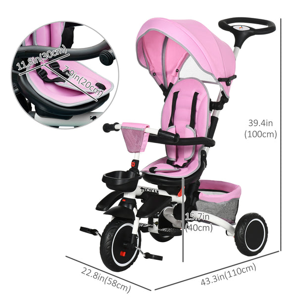 6 in 1 Foldable Tricycle with Adjustable Seat and Push Handle, Pink