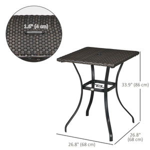 Outdoor coffee table in woven resin with a hole for a parasol, brown