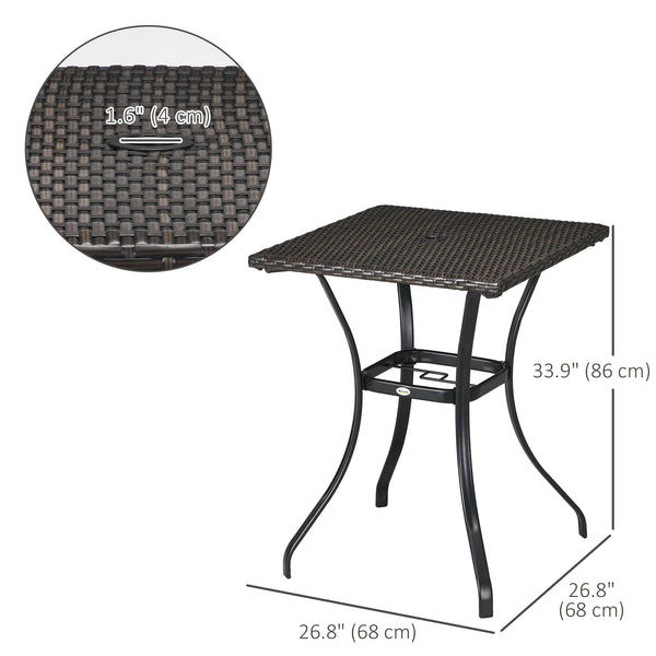 Outdoor coffee table in woven resin with a hole for a parasol, brown