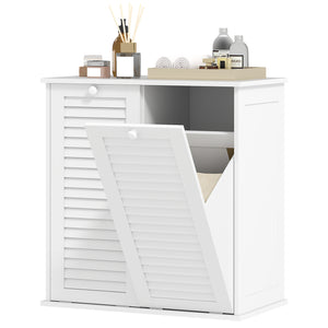 Tilting laundry basket cabinet with 2 baskets and 2 louvered doors, white