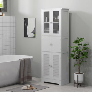 Freestanding bathroom cabinet with glass and louvered doors