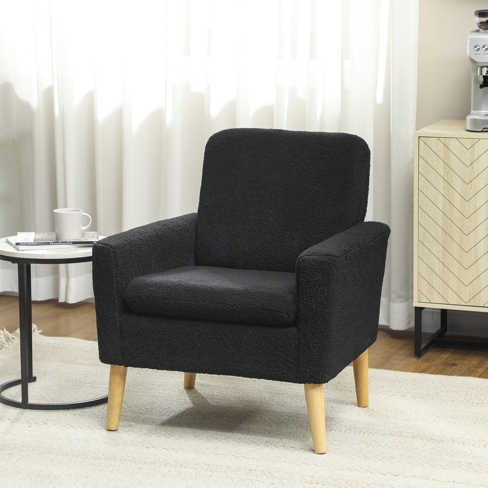 Fabric accent chair with wooden legs and wide padded seat, black