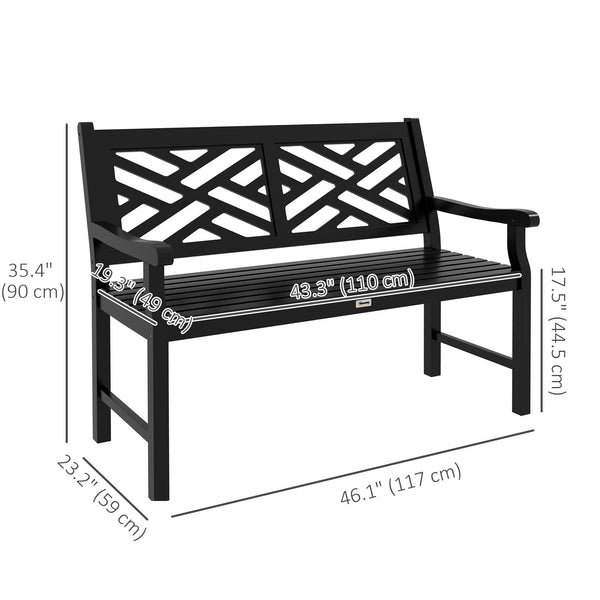 Wooden outdoor bench with slatted frame and armrests, 2 seats, black