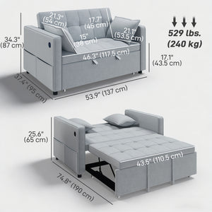 3-in-1 convertible sofa bed with USB port, adjustable backrest and side pockets, light grey.